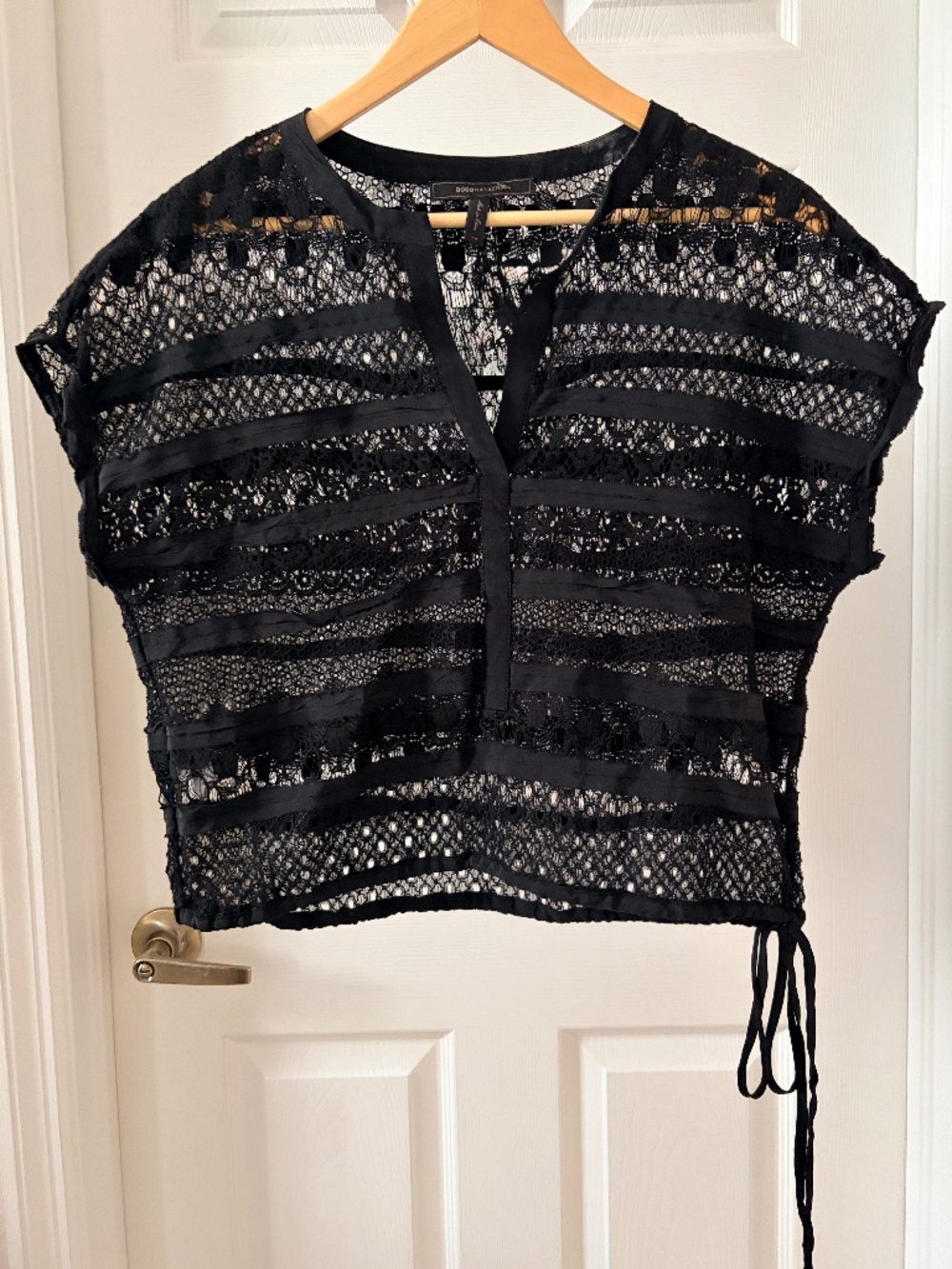 BCBG Max Azaria Black Lace Top with Intricate Openwork Lace and Ribbon Detail